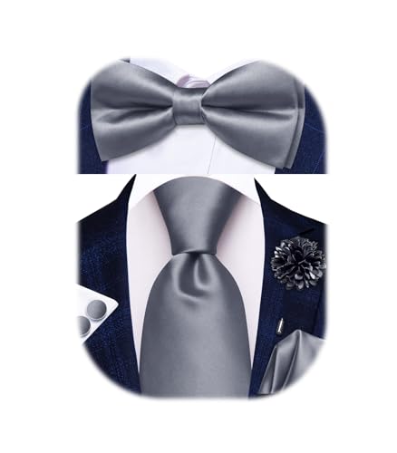 Hi-Tie 5Pcs Mens Solid Color Silk Tie Satin Pretied Bowtie Lapel Pin for Men Handkerchief Cufflink Wedding Gift Box - color: Grey