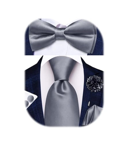 Hi-Tie 5Pcs Mens Solid Color Silk Tie Satin Pretied Bowtie Lapel Pin for Men Handkerchief Cufflink Wedding Gift Box - color: Grey