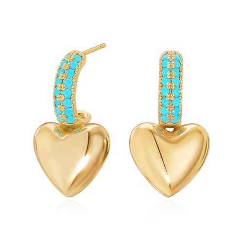 Heart Dangle Hoop Earrings for Women | 14K Gold Plated Love Heart Huggie Earrings, Hypoallergenic Dainty Jewelry Gift for Women - style: Heart-Tur