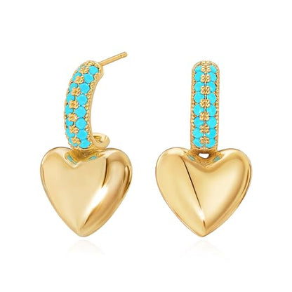 Heart Dangle Hoop Earrings for Women | 14K Gold Plated Love Heart Huggie Earrings, Hypoallergenic Dainty Jewelry Gift for Women - style: Heart-Tur
