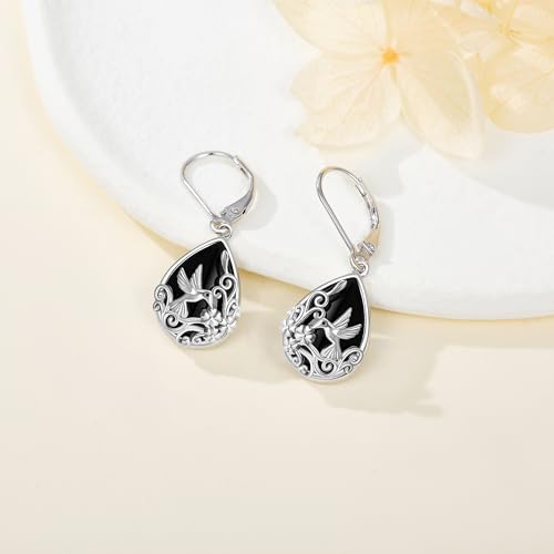 Black Onyx Earrings 925 Sterling Silver Black Onyx Dangle Drop Earrings Filigree Jewelry Gift for Women Girls - style: Hummingbird