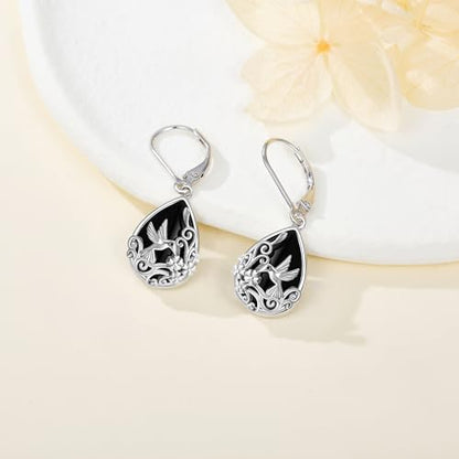 Black Onyx Earrings 925 Sterling Silver Black Onyx Dangle Drop Earrings Filigree Jewelry Gift for Women Girls - style: Hummingbird