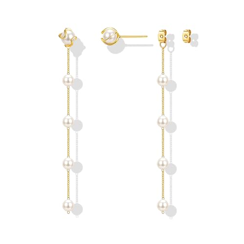Pearl Earrings for Women 14k Gold/Silver Pearl Drop Earrings Long White Pearl Tassel Dangle Statement Earrings Bridal Wedding Dainty Prom Earrings Birthday Gifts Jewelry - color: Gold Caged Pearl Drop Earrings