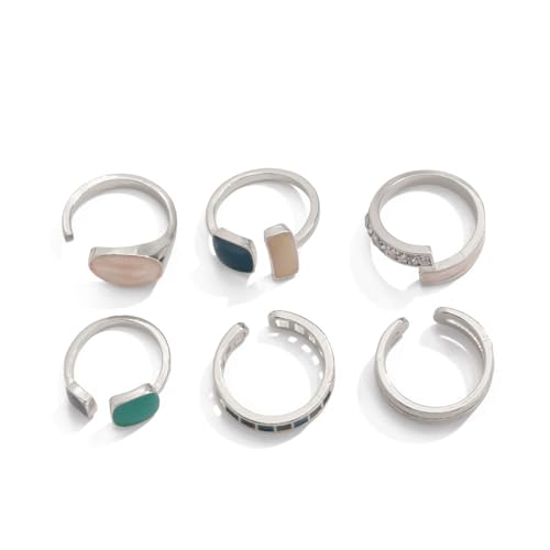 GIGB PBDK 6Pcs Gold Enamel Boho Knuckle Joint Ring Set, French Vintage Irregular Green Drip Oil Stacked Ring Set, Trendy Layered Full Finger Jewelry Gift - color: Silver