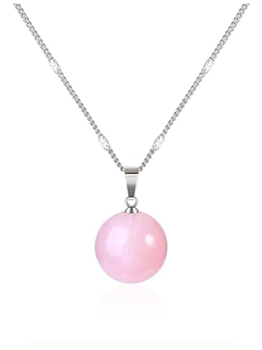 Jovivi Amethyst Obsidian Healing Crystals Ball Necklace for Women Men | 14mm Natural Stone Round Ball Bead Necklace Handmade Gemstone Pendant Protection Crystals Birthstone Jewelry - color: Rose Quartz