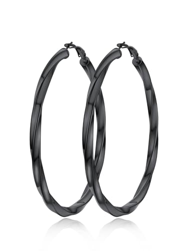 FindChic Twisted Hoop Earrings for Women, Silver/Black/14K Gold Plated Hypoallergenic Hollow Tube Rounded Loop Earrings, 30mm/40mm/60mm/80mm Hoops with Custom Name Options and Gift Box - color: a.Black, size: 80MM