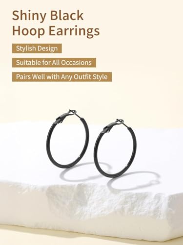 FindChic Thin Hoop Earrings for Women,Silver/Black/Gold Plated 20-100mm - color: Black, size: 30mm