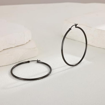 Gold Hoop Earrings for Women 14K Gold Plated | 925 Sterling Silver Post Hypoallergenic Hoop Earrings - color: Black, size: 50mm