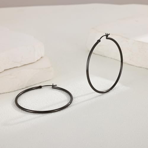 Gold Hoop Earrings for Women 14K Gold Plated | 925 Sterling Silver Post Hypoallergenic Hoop Earrings - color: Black, size: 50mm