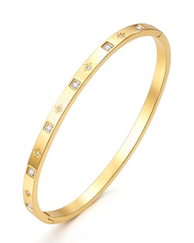 Joo&Rind Gold Bangle Bracelets for Women 18K Gold Plated Stainless Steel Bracelet Oval Hinged Bangles for Small Wrists Non Tarnish Waterproof with Cubic Zirconia Jewelry Gift for Everyday Wear Birthday - color: Star-Gold