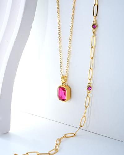 Gold Layered Necklaces for Women, 18k Gold Plated Crystal Necklace Paperclip Choker Emerald Green Jewelry for Women Gifts - color: Rose Pink