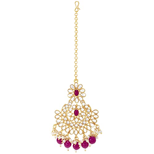 Aheli Faux Pearl Choker Necklace with Earrings Indian Traditional Bollywood Jewelry Set Gift for Women - color: Rani Pink & White