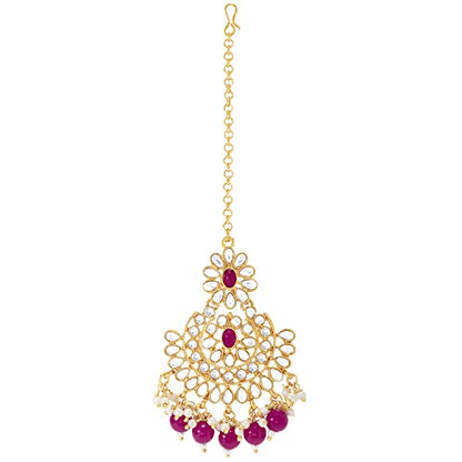 Aheli Faux Pearl Choker Necklace with Earrings Indian Traditional Bollywood Jewelry Set Gift for Women - color: Rani Pink & White