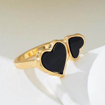 Retro Enamel Double Hearts Open Statement Ring for Women Fashion Simple Asymmetry Love Hearted Wrap Finger Knuckle Adjustable Bands Rings Gold Plated Wedding Eternity Promise Engagement Jewelry - color: Black