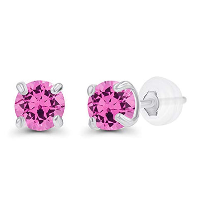 Solid 14K Gold 3mm Round Prong Set Hypoallergenic Genuine Petite Birthstone Stud Earrings - color: Created Pink Sapphire