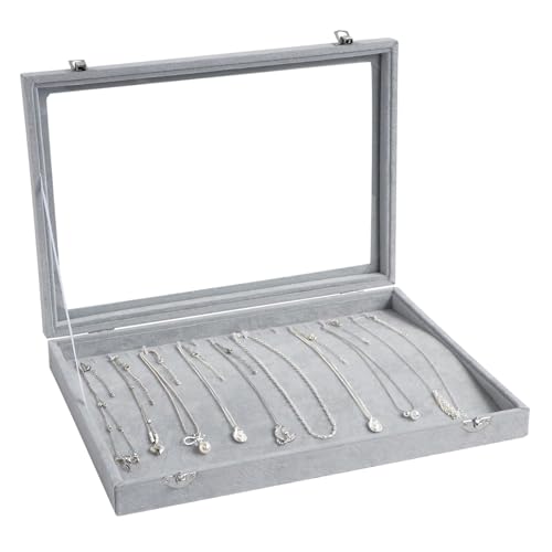 Wudygirl Velvet Necklace Organizer Tray with Lid, 13.7x9.4 Inch Gray | 20 Hooks Jewelry Organizer for Necklace, Perfect for Home Organization, Jewelry Display, Gift Giving, Dustproof Design - color: Gray, size: Necklace