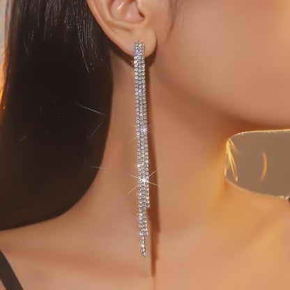 Sparkly Rhinestone Long Tassel Dangle Earrings Crystal Chandelier Dangle Drop Earrings Wedding Party Prom Earrings Jewelry for Women Gifts - color: Silver