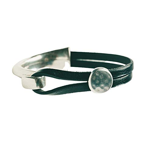 Designed By Stacey Handmade Genuine Black Leather Cuff, Unique Stackable Bangle Bracelet, Hammered Silvertone Metal Jewelry, Gifts for Women, Birthday, Anniversary, Mother's Day