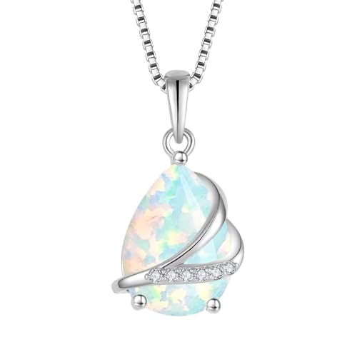 Birthstone Pendant Necklace 925 Sterling Silver Teardrop Jewelry for Women - color: lridescent White