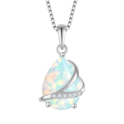 Birthstone Pendant Necklace 925 Sterling Silver Teardrop Jewelry for Women - color: lridescent White