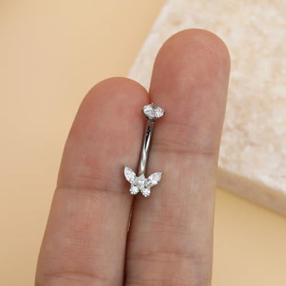 XUU Titanium Belly Button Rings 14G, Implant-Grade Navel Piercing, Luxury CZ Shape with Flower Butterfly, Hypoallergenic Curved Barbell Jewelry for Women, Gold or Silver - style: Butterfly-Silver