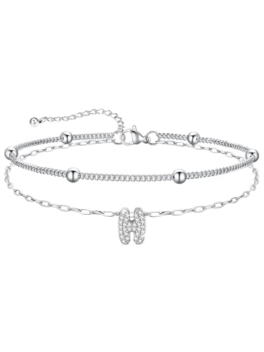 U7 Initial Ankle Bracelets for Women Silver/Gold Anklets Waterproof, 14K Gold Plated Layered Anklets Bracelet Stainless Steel Hypoallergenic 8.5"-10.5" - color: Silver-CZ, size: H