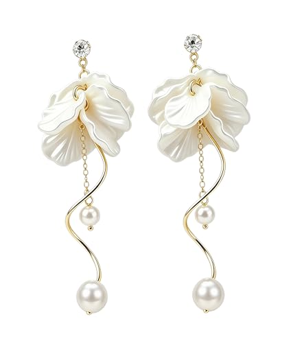 White Flower Petals Dangle Earrings Long Pearl Drop Earrings for Women | 14K Gold Plated Hypoallergenic Lightweight Elegant Floral Tassel Dangling Earrings for Wedding Graduation Pom Party