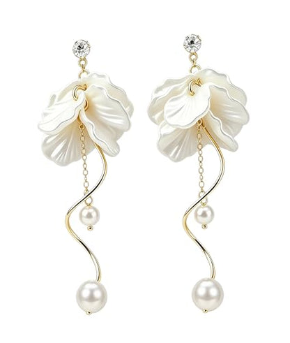 White Flower Petals Dangle Earrings Long Pearl Drop Earrings for Women | 14K Gold Plated Hypoallergenic Lightweight Elegant Floral Tassel Dangling Earrings for Wedding Graduation Pom Party