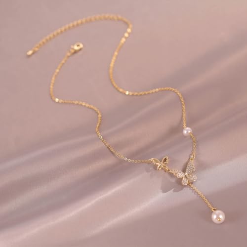 Bohemian Butterfly Pendant Necklace Teardrop Pearl Y Necklace Chain Vintage Pearl Y Lariat Necklace Pearl Y Drop Chain Necklace Gold Butterfly Sweater Chain Necklace Jewelry for Women and Te