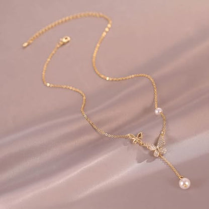 Bohemian Butterfly Pendant Necklace Teardrop Pearl Y Necklace Chain Vintage Pearl Y Lariat Necklace Pearl Y Drop Chain Necklace Gold Butterfly Sweater Chain Necklace Jewelry for Women and Te