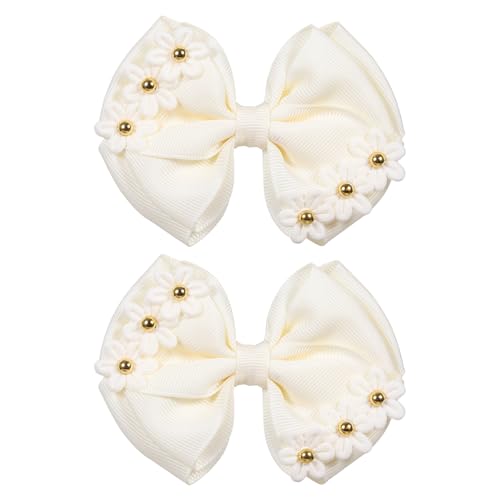Off White Pearl Flower Hair Bows Alligator Clips for Girls 4" Grosgrain Ribbon Bow Hair Barrettes Pins for Kids Teen Toddler Women Wedding School Floral Dress Accessory Gift Of 2 - color: Off-White