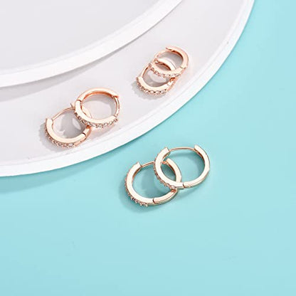 Silver Hoop Earrings for Women, 3 Pairs Small Sterling Silver Huggie Earrings | Tiny Cubic Zirconia Cartilage Cuff Earrings Hoop Piercing Jewellery for Men Teens (8mm/10mm/12mm) - color: 3 Pairs(8/10/12mm)-Rose gold