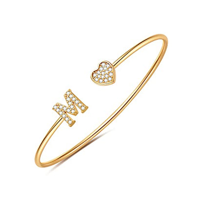 Gold Bracelets for Women Teen Girls, 14K Gold Plated Initial Heart Bangle | Adjustable Open Cuff Bracelet, Dainty Letter Jewelry, Daughter Sister Bridesmaid Friend, Birthday Christmas Graduation Gift - color: M