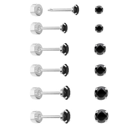 5-6 pairs Push-in Flat Back Stud Earrings Hypoallergenic Surgical Stainless Steel Cubic Zirconia Earrings Studs Set Multi-Pack, CZ Stud Earrings for Women Men Trendy Cartilage Stud Earrings 2-8mm - color: black-2/3/4mm(6pairs)
