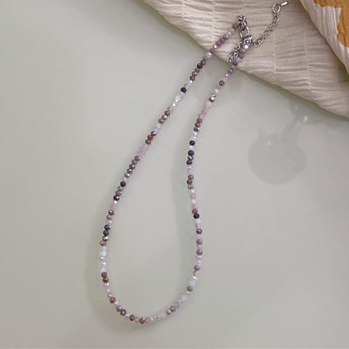 Dainty Colorful Crystal Beaded Chain Adjustable Lightweight Choker Necklace Handmade Bohemian Shiny 3mm Rice Stone Beads Necklace Boho Summer Beach Jewelry for Women - color: pink