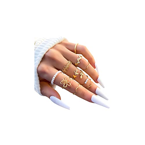 INENIMARTJ Boho Rings for Women Teen Girls,Gold Stacking Rings Set Vintage Knuckle Stackable Moon Star Snake Butterfly Heart Flower Leaf Top Finger Rings - color: 554-A