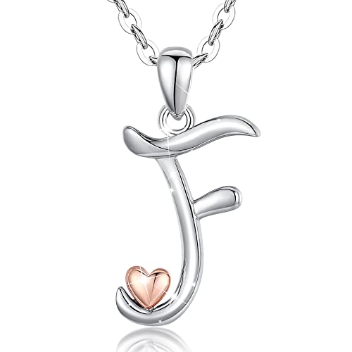 CELESTIA 925 Sterling Silver Initial Necklaces 26 Letter with Rose Gold Heart - 18 Inch Chain - color: F-Initial