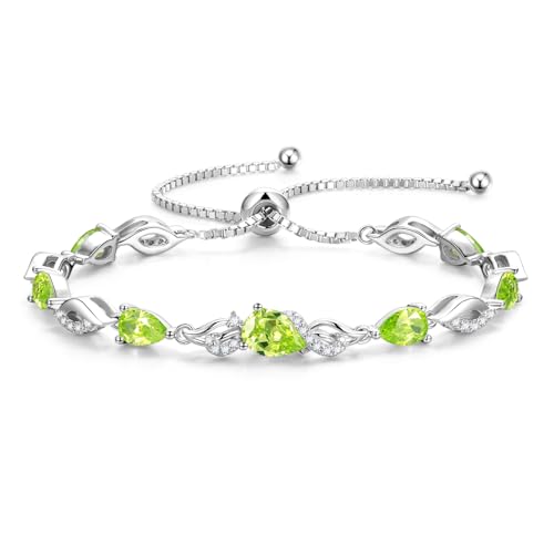 FANCIME Birthstone Teardrop Tennis Bracelet for Women, Sterling Silver 9x7mm main Gemstone Bolo Adjustable Chain Bracelet Fine Jewelry Birthday Gifts for Women Mom Wife Her - color: 08-Peridot