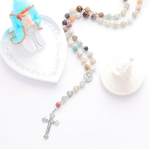 Rosary for Men Women, Natural Stone Beads with St. Benedict Bracelet | 8 mm Natural Stone Prayer Beads with 10 mm Accent Beads, St. Benedict Crucifix, Matching Bracelet, Gift Box and Pouch. - color: Amazonite