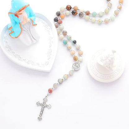 Rosary for Men Women, Natural Stone Beads with St. Benedict Bracelet | 8 mm Natural Stone Prayer Beads with 10 mm Accent Beads, St. Benedict Crucifix, Matching Bracelet, Gift Box and Pouch. - color: Amazonite