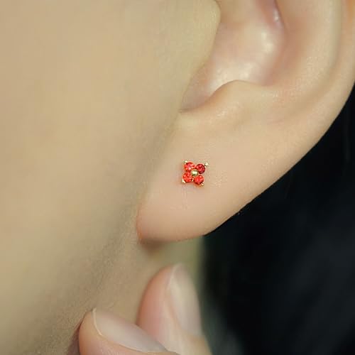 QueenBee 14K Gold Plated Ivy Flower Birthstone Stud Earrings for Women Dainty Floral Gemstone Studs Unique Jewelry Gift for Her - color: Jan-Garnet