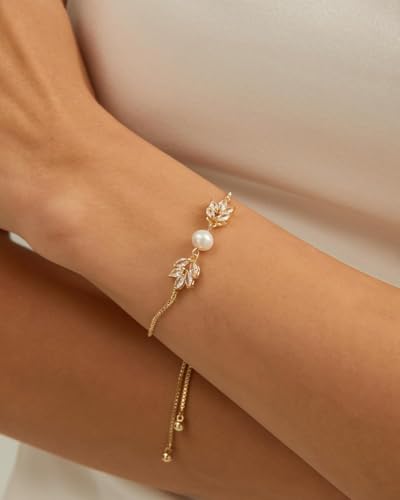 Gold Bracelets for Women Pearl Bracelet 14k Gold/White Gold Plated | Dainty Cubic Zirconia CZ Accented, Bridesmaid Jewelry, Prom Bracelet, Wedding Bracelets for Brides - color: gold-leaf box chain
