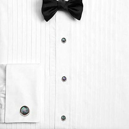 HAWSON Cufflinks and Tuxedo Studs Set for Men with Gift Box, Mother-of-Pearl Cuff links for French Cuff Shirt and Dress Shirt, Suitable for Wedding, Birthday, Party - style: Rose Gold & Black Lip Shell Stone