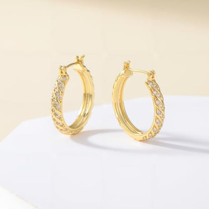 14K Gold Hoop Earrings for Women 14K Gold Earrings Jewelry Spiral Cubic Zirconia Thick Hoops Hypoallergenic Womens Huggie Earring 20/25/30/35MM - size: 20MM