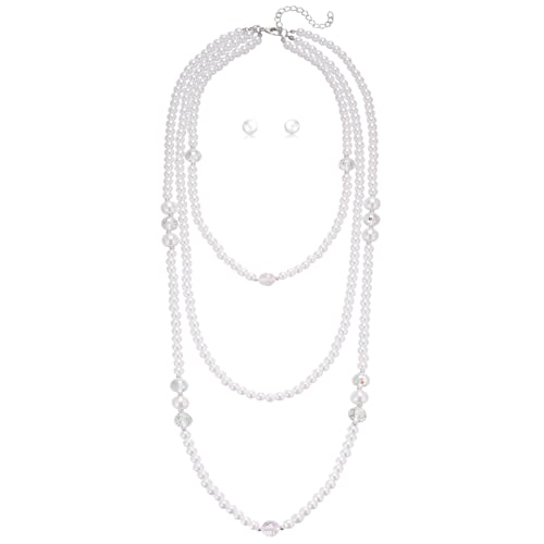 Errally Long Pearl Necklace and Earring Set Layered Pearl Beaded Necklaces for Women White Costume Jewelry Sets Gifts for Mom - color: 3-Layer