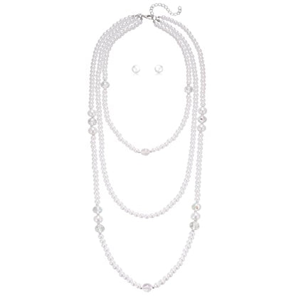 Errally Long Pearl Necklace and Earring Set Layered Pearl Beaded Necklaces for Women White Costume Jewelry Sets Gifts for Mom - color: 3-Layer