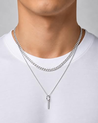 COOLSTEELANDBEYOND Men's Stainless Steel Layered Necklace Set, 3-Piece Stacked Chains, Geometric Hoop and Bar Pendant, Modern Minimalist Jewelry, Gift for Him