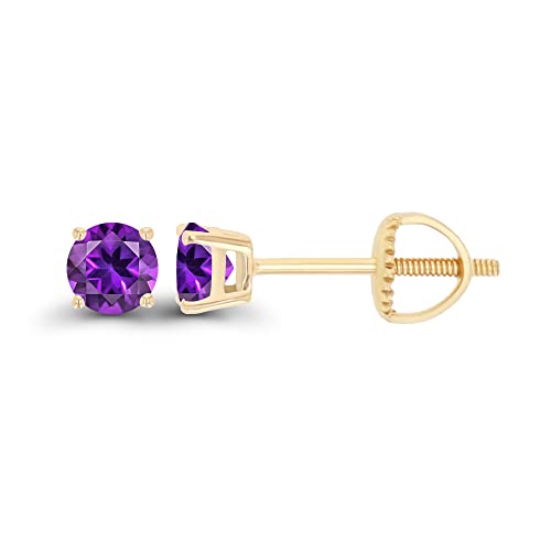 14K Gold Plated 925 Sterling Silver Hypoallergenic 4mm Round Genuine Birthstone Solitaire Screwback Stud Earrings - color: Amethyst
