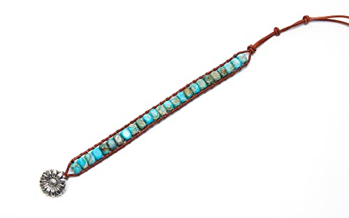 7 Chakra Bracelet Bohemian Handmade Leather Wrap Healing Protection Natural Stone Yoga Beaded Bracelets Boho Friendship Jewelry - color: Lake Blue Turquoise