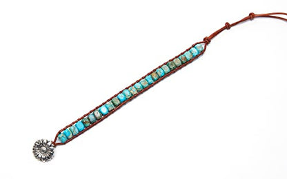 7 Chakra Bracelet Bohemian Handmade Leather Wrap Healing Protection Natural Stone Yoga Beaded Bracelets Boho Friendship Jewelry - color: Lake Blue Turquoise